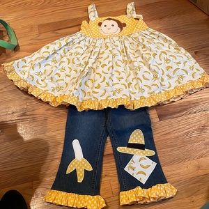 Custom Boutique Curious George outfit-dress top-jeans-size 6-monkeys-bananas!